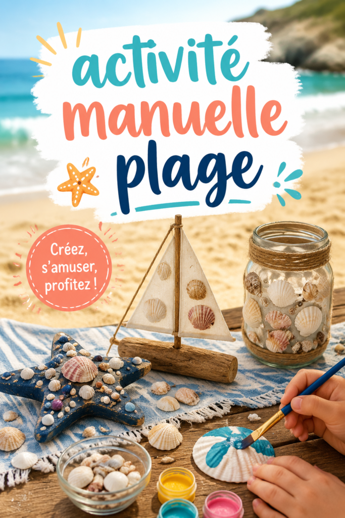 Une famille s'amusant en réalisant des activités manuelles sur la plage avec des matériaux créatifs.