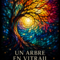 Illustration d'un arbre en vitrail coloré sur fond noir, une pièce d'art captivante.