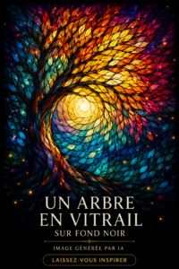 Illustration d'un arbre en vitrail coloré sur fond noir, une pièce d'art captivante.