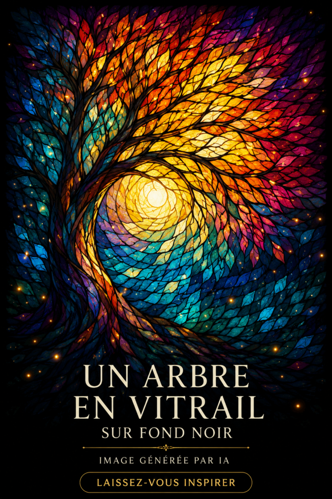 Illustration d'un arbre en vitrail coloré sur fond noir, une pièce d'art captivante.
