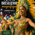 Portrait d'une femme brésilienne stylisée, générée par l'IA, mettant en avant la diversité et la beauté culturelle.