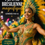 Portrait d'une femme brésilienne stylisée, générée par l'IA, mettant en avant la diversité et la beauté culturelle.