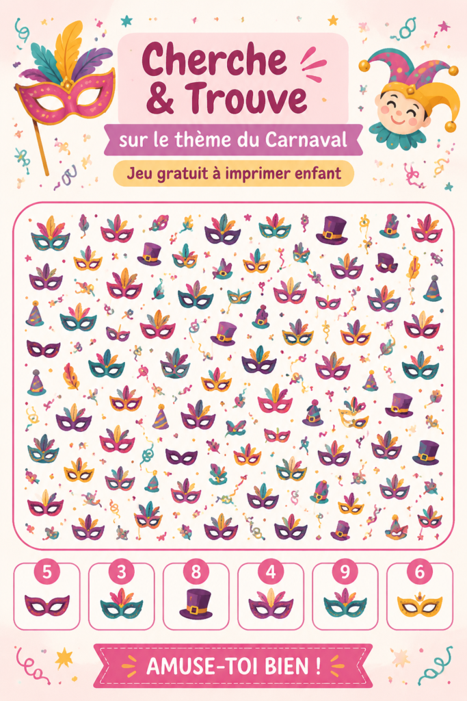 Jeu de Cherche et Trouve spécial Carnaval à imprimer pour les enfants.