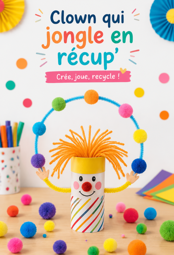 Un clown jonglant joyeusement avec des objets récupérés dans un cadre coloré.
