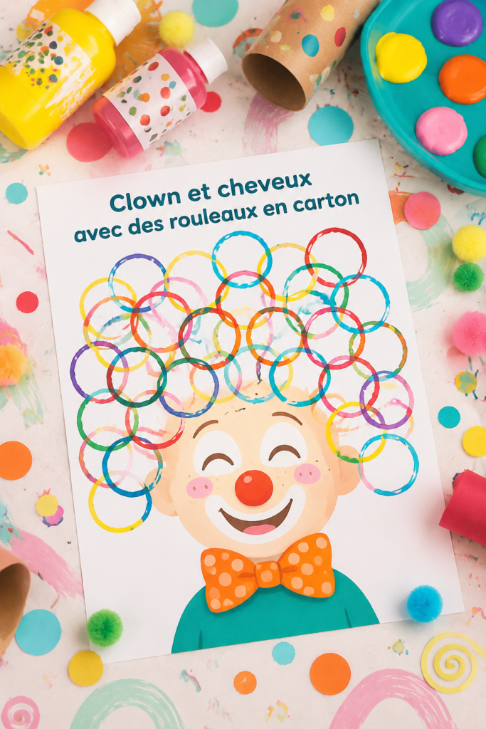 Un clown coloré fabriqué à partir de rouleaux en carton, souriant et joyeux.
