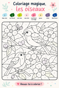Un coloriage magique d'oiseaux à imprimer, rempli de détails artistiques.
