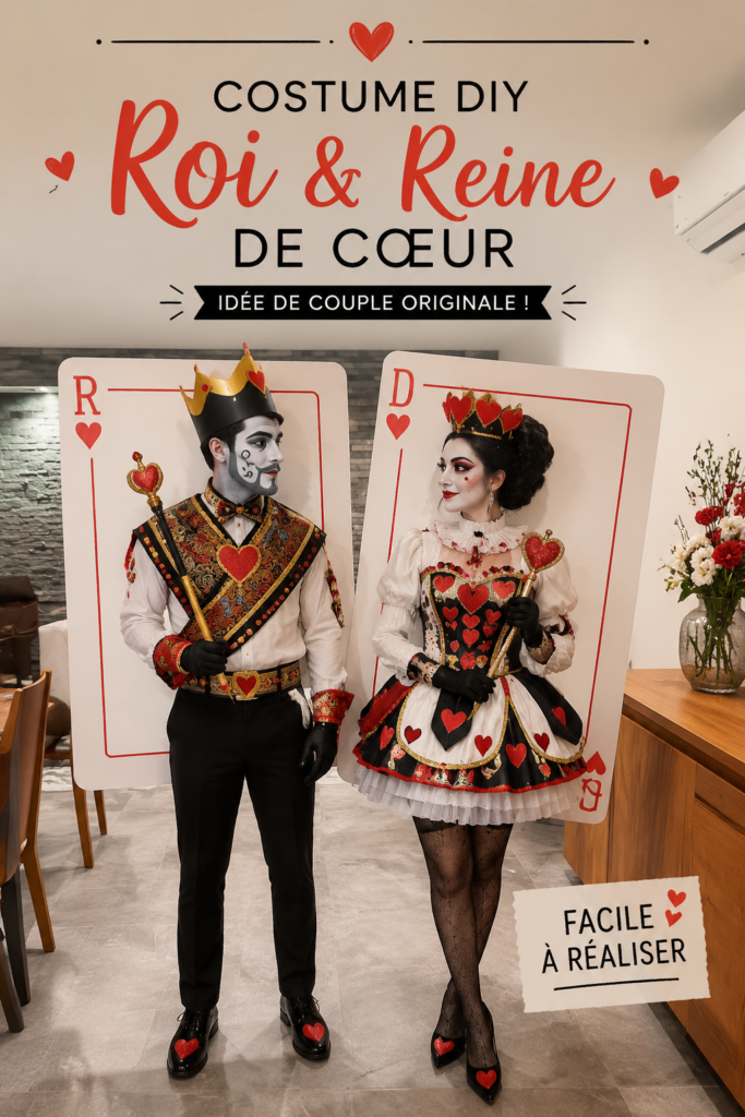 Costume DIY roi et reine des cœurs, avec couronnes et robes flamboyantes.