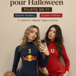 Une femme portant un costume Halloween inspiré de la F1 avec un casque et un uniforme aux couleurs de son équipe préférée.