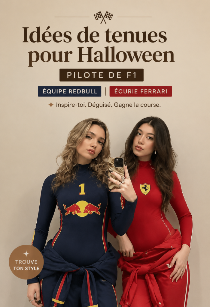 Une femme portant un costume Halloween inspiré de la F1 avec un casque et un uniforme aux couleurs de son équipe préférée.