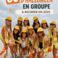 Un groupe d'amis en costumes d'Halloween colorés et originaux, prêts pour une fête festive.