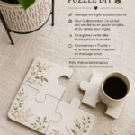 Dessous de tasse DIY en puzzle, réalisé en argile autodurcissante avec des motifs colorés.