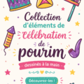 Éléments décoratifs faits main pour Pourim, comprenant des masques colorés et des gragrot, sur une table festive.