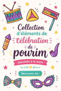 Éléments décoratifs faits main pour Pourim, comprenant des masques colorés et des gragrot, sur une table festive.