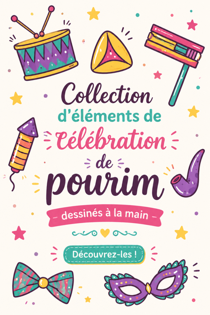 Éléments décoratifs faits main pour Pourim, comprenant des masques colorés et des gragrot, sur une table festive.
