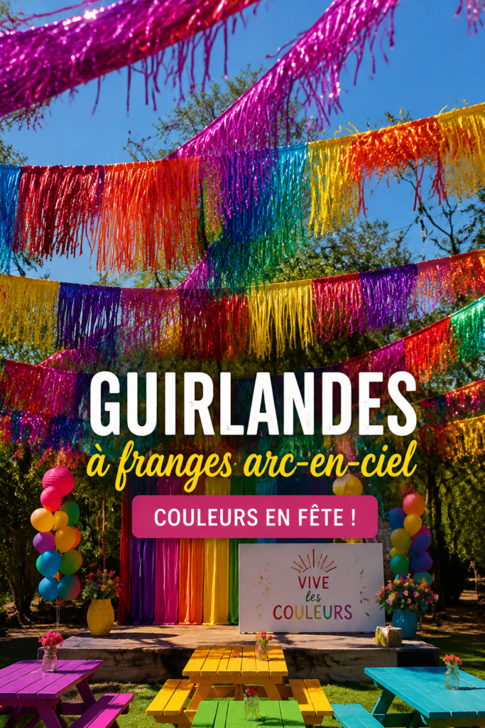 Guirlandes en tinsel arc-en-ciel suspendues dans une pièce décorée