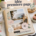 Une première page de scrapbook colorée avec des photos, des embellissements et des motifs.