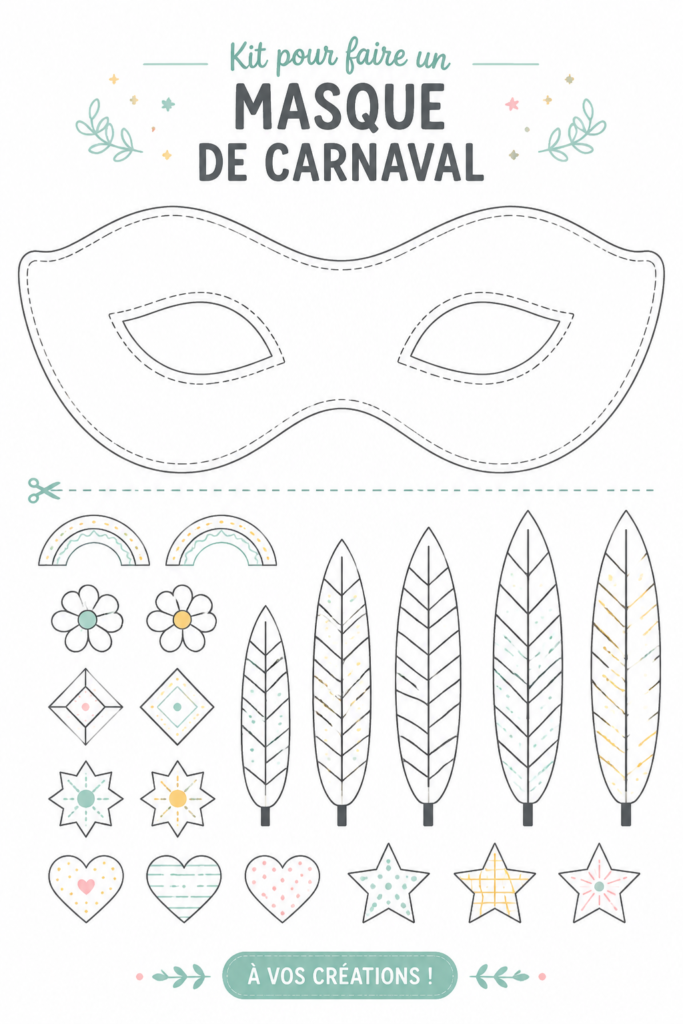 Un kit coloré pour faire un masque de carnaval, composé de divers matériaux créatifs.