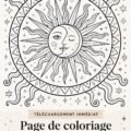 Un mandala céleste à colorier présenté sur une table en bois