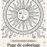 Un mandala céleste à colorier présenté sur une table en bois