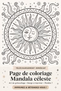 Un mandala céleste à colorier présenté sur une table en bois