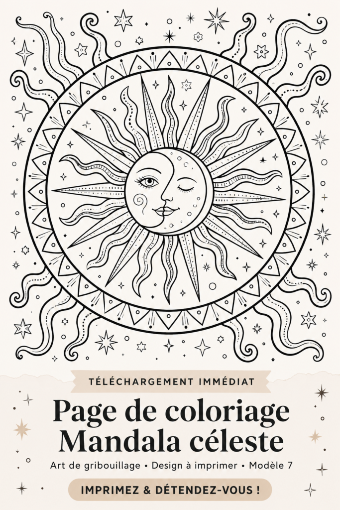 Un mandala céleste à colorier présenté sur une table en bois