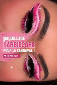 Femme portant un maquillage Barbiecore éclatant pour le Carnaval, avec des couleurs vives et des touches de glitter.