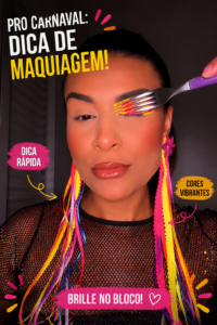 Une femme avec un maquillage coloré et étincelant pour le carnaval, affichant un sourire joyeux.