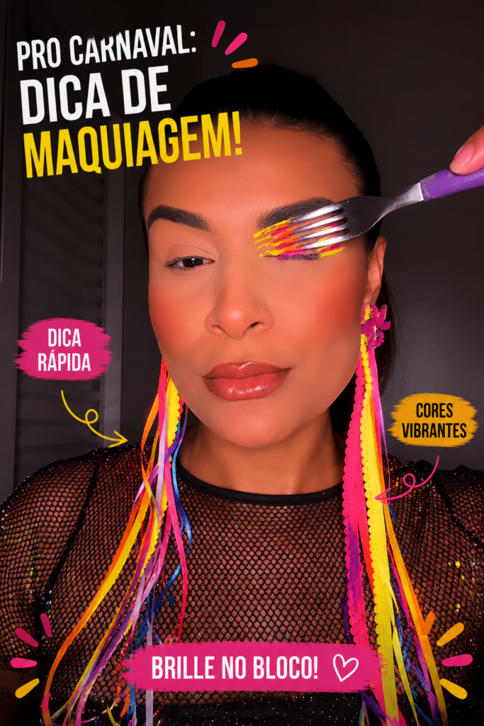 Une femme avec un maquillage coloré et étincelant pour le carnaval, affichant un sourire joyeux.