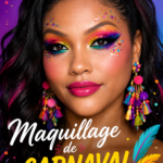 Un maquillage éblouissant de carnaval avec des couleurs vives et des paillettes sur le visage d'une femme