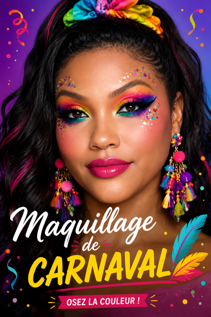 Un maquillage éblouissant de carnaval avec des couleurs vives et des paillettes sur le visage d'une femme