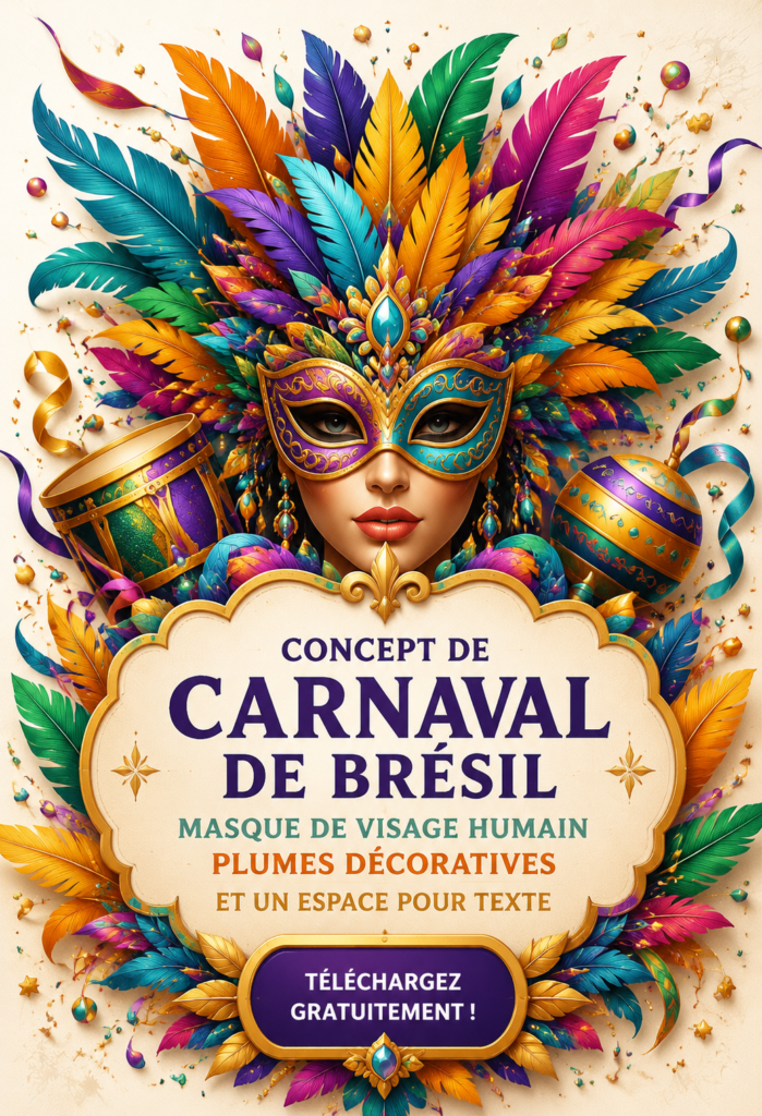 Masque de Carnaval coloré avec plumes et décorations qui évoque la fête.
