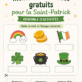 Illustration de diverses activités thématiques pour la Saint-Patrick, avec des décorations vertes et des symboles irlandais.