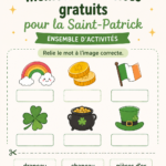 Illustration de diverses activités thématiques pour la Saint-Patrick, avec des décorations vertes et des symboles irlandais.