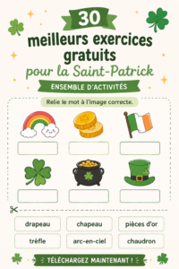 Illustration de diverses activités thématiques pour la Saint-Patrick, avec des décorations vertes et des symboles irlandais.