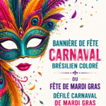Un banner coloré de carnaval flottant dans un décor festif.