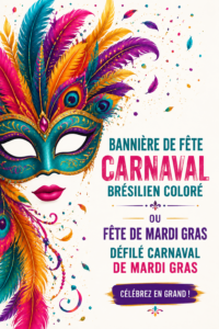 Un banner coloré de carnaval flottant dans un décor festif.