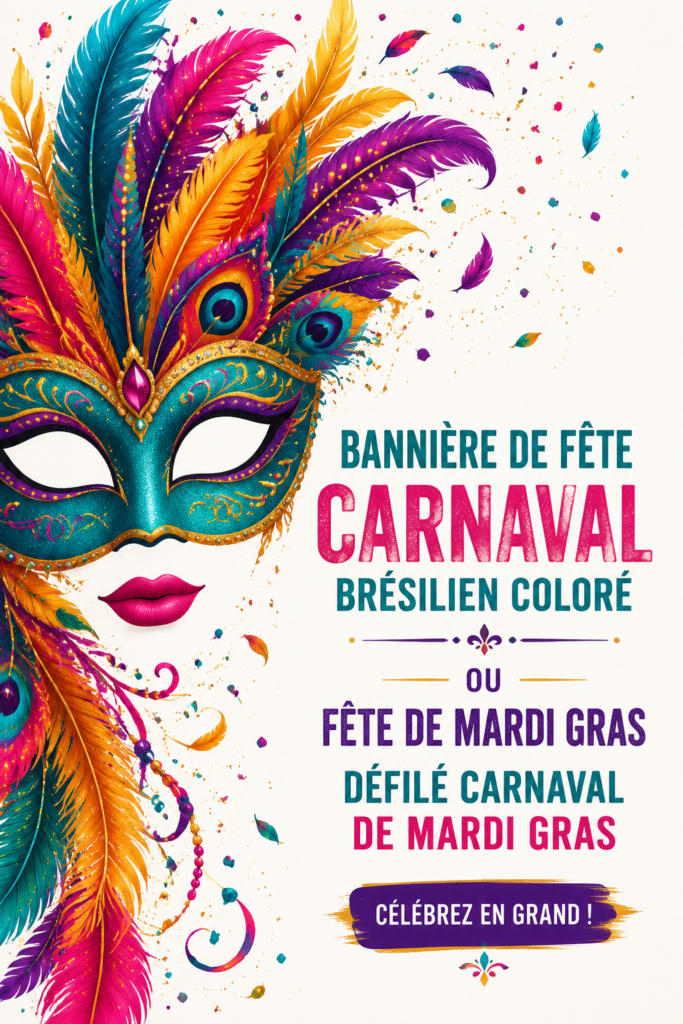 Un banner coloré de carnaval flottant dans un décor festif.