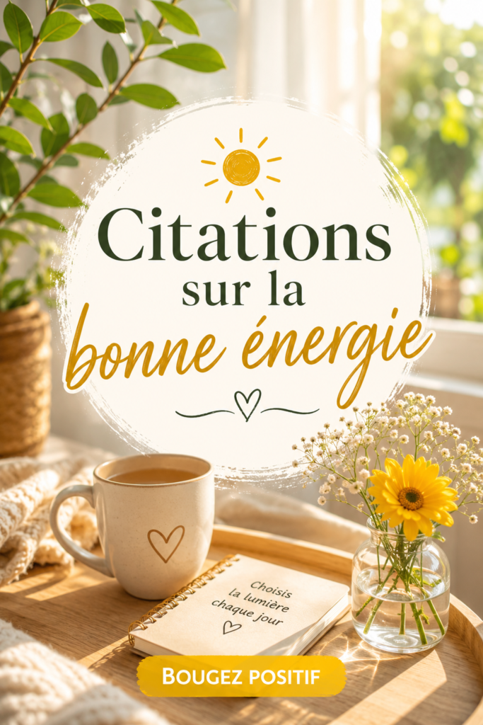 Une image inspirante symbolisant la bonne énergie avec des citations motivantes en arrière-plan.