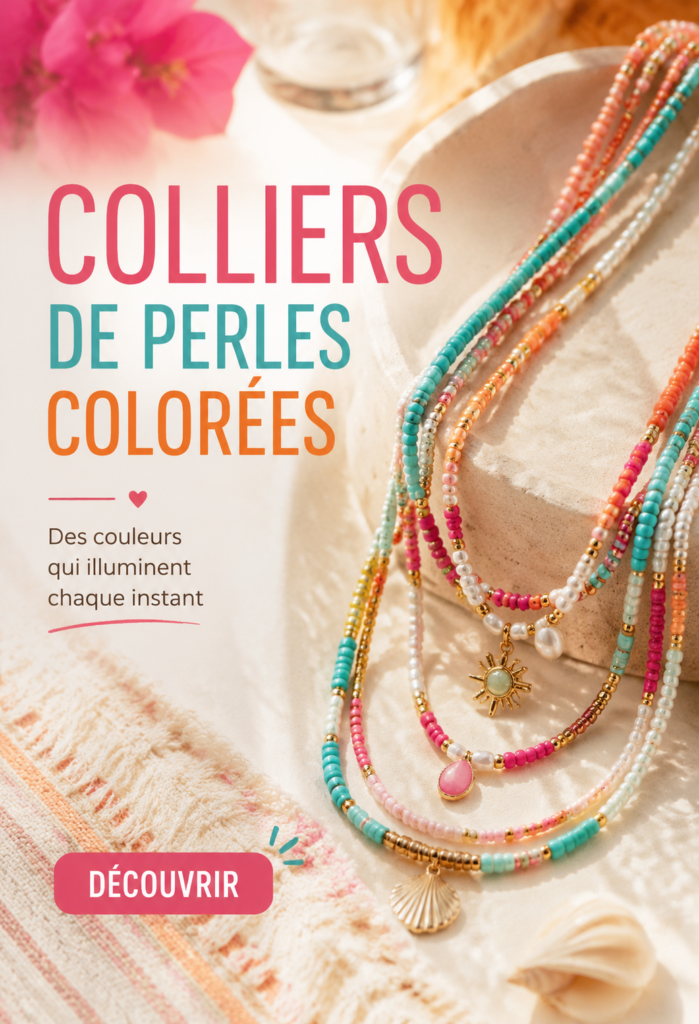 Une collection élégante de colliers de perles colorées présentée sur un fond clair.
