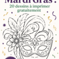 Coloriage de Mardi Gras avec des masques colorés et des perles à imprimer.