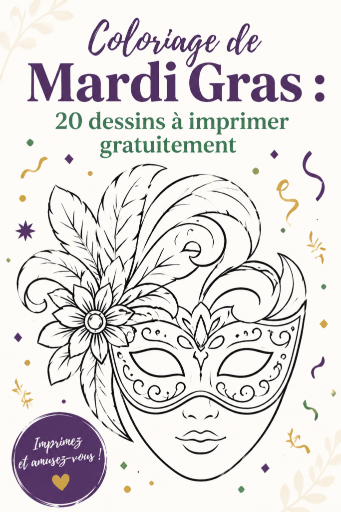 Coloriage de Mardi Gras avec des masques colorés et des perles à imprimer.