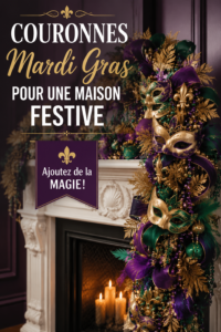 Couronne de porte colorée et festive pour célébrer Mardi Gras avec des motifs joyeux.