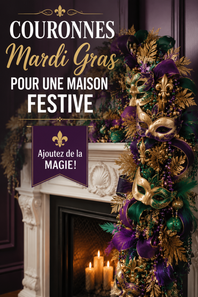 Couronne de porte colorée et festive pour célébrer Mardi Gras avec des motifs joyeux.