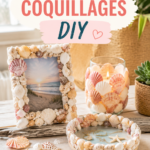 Créations en coquillages DIY sur une table, mettant en valeur la créativité et l'artisanat