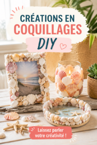 Créations en coquillages DIY sur une table, mettant en valeur la créativité et l'artisanat