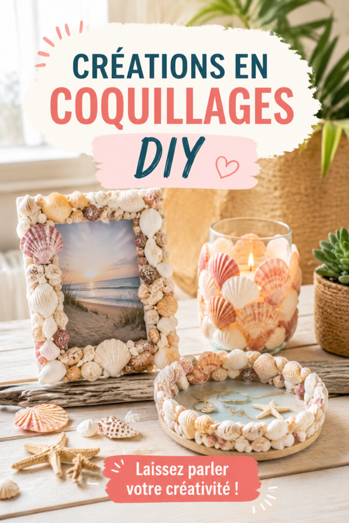 Créations en coquillages DIY sur une table, mettant en valeur la créativité et l'artisanat