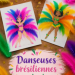 Danseuse brésilienne ornée de plumes colorées lors d'une performance festive.