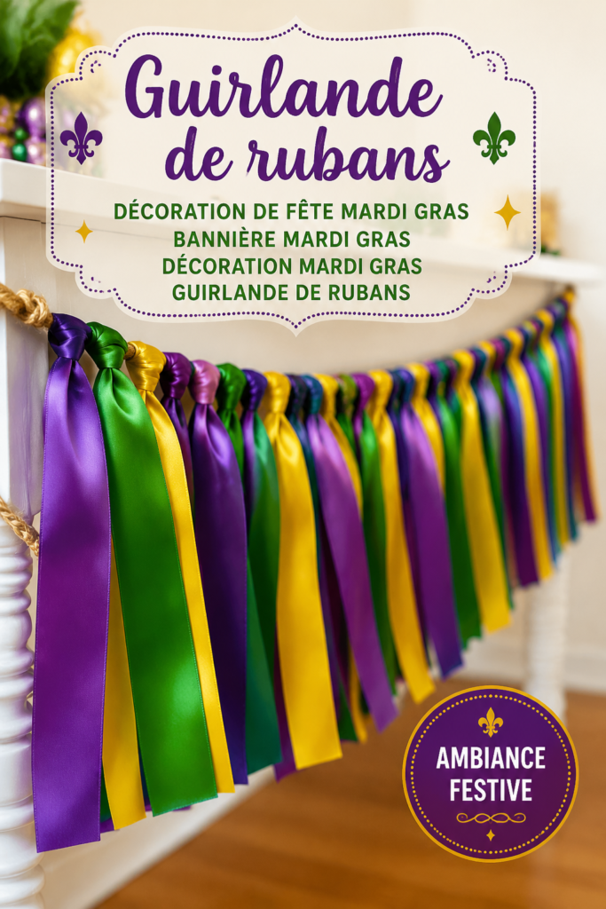 Guirlande colorée de Mardi Gras décorant une salle de fête.