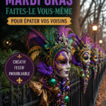 Un jardin coloré décoré pour le Mardi Gras avec des guirlandes et des lanternes DIY.