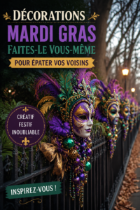 Un jardin coloré décoré pour le Mardi Gras avec des guirlandes et des lanternes DIY.